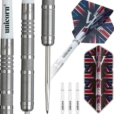 Image of Unicorn Darts Set The Machine James Wade 90% Natural Tungsten Barrels with Tactile Sandblasted Grey Ring Accents Durable Stunning Ultrafly Flights Steel Tip Volute Points 23 g