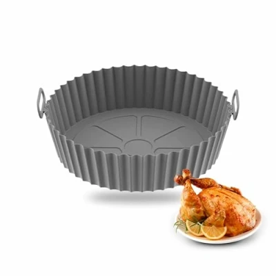 Image of Air Fryer Liner Round Silicone Mat with Two Handles Non Stick Reusable Airfryer Basket Tray for Baking Roasting Oven Microwave Kitchen Accessories Home Essentials 17.5 X 5cm Diameter (Grey)