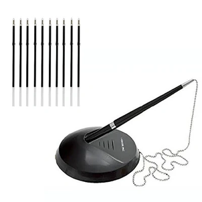 Image of NEO+ Quality Reception PEN Desk Set On Chain With Stand Black Counter Pen, 10 FREE REFILLS INCLUDED (1 + REFILLS)