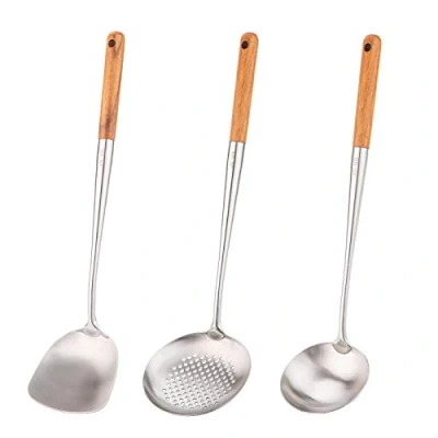Image of Wok Spatula and ladle,Skimmer Ladle Tool Set, 17inches for Wok, 304 Stainless Steel Spatula.