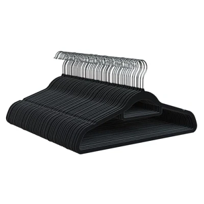Image of PORTENTUM Velvet Hangers, Pack of 50, Black. Accessory Holder, 360º Swivel Hook, Space Saving, Notches For Dresses, Non slip Clothes all Types Clothes, Made in Spain
