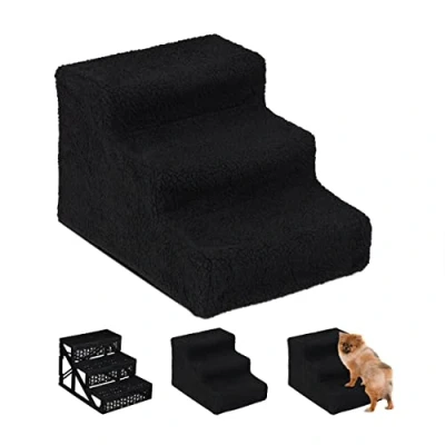 Image of Relaxdays Dog Stairs, 3 Steps, Large &amp; Small Pets, Access Ramp, Climbing Aid Couch, Cover, 30x35x45 cm, Black, PP, polyester, Pack of 1