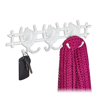 Image of Relaxdays Wall Mounted Coat Rack, Horses Design, Cast Iron, 6 Hooks, Unusual Look, Key Hanger, 11 x 36.5 3.5 cm, White