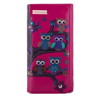 Image of kukubird Owl Family Tree Large Wallet PU Leather Bifold Card Holder with Zipper Coin Pocket Purse Fuchsia