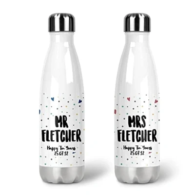 Image of WOWZ DESIGN &amp; PRINT LTD Personalised Mr Mrs Reusable Bottle Set, 10 Year Anniversary, Gift Tin Years, Camping