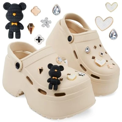 Image of CityComfort Womens Platform Heeled Clogs with Removable Charms Gifts (Beige, 7/8 UK)