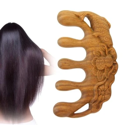 Image of wooden comb, styling wide tooth, hair massage curling strand tooth comb