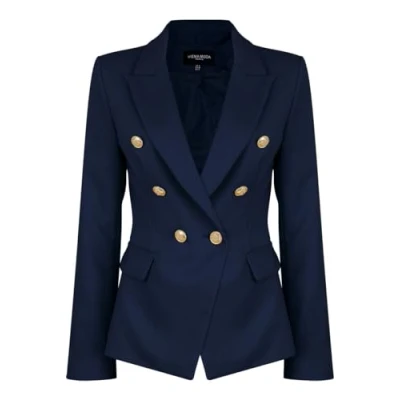 Image of Womens Double Breasted Military Style Blazer Ladies Coat Jacket Blue