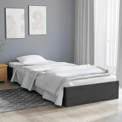 Image of vidaXL Solid Pinewood Bed Frame, Grey, Small Single Size (75x190 cm), Sturdy, DIY Assembly, Natural Appearance, Ideal for Sleepers or Kids, Plywood Slats Comfort and Stability.
