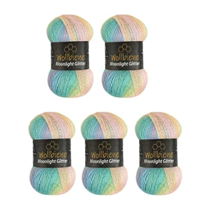 Image of Moonlight Glitter Batik Simli 5 x 100 g Knitting Wool 500 for and Crocheting 20% Metallic Turkish Colour Gradient (2900 Green Pink Yellow Pastel)
