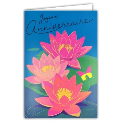 Image of AFIE 69 8104 Happy Birthday Card with Envelope 12 x 17.5 cm Illustration Flowers Water Lilies Roses Blue Lotus Butterfly Real Neon Inks Created and Made in France