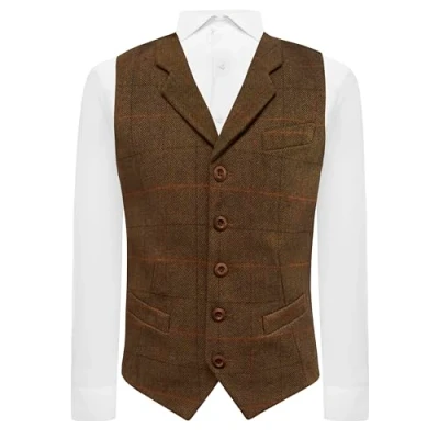 Image of King &amp; Priory Dijon Brown Herringbone Tweed Check Waistcoat with Lapel S