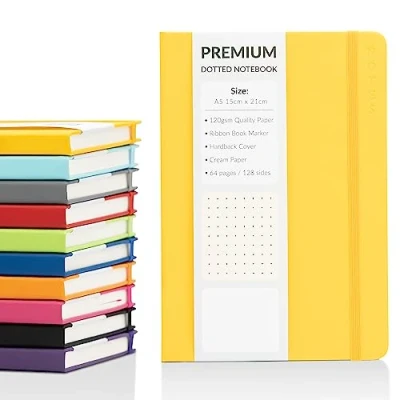 Image of Bullet Journal A5 Dotted Notebook with Faux Leather Hardback Cover and Premium 120gsm Thick Dot Grid Paper (128 Cream Pages, Yellow)