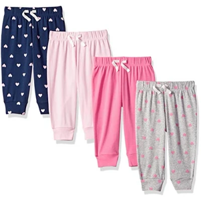 Image of Amazon Essentials Baby Girls&#039; Cotton Pull On Trousers, Pack of 4, Grey Hearts/Light Pink/Navy/Pink, 3 6 Months