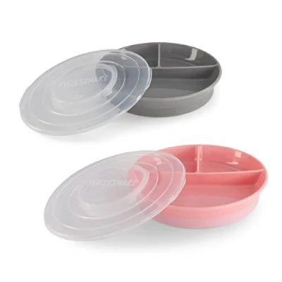 Image of Twistshake Baby plate with Airtight Lid 2 Pack Divided Plates for Children BPA Free Weaning 3 Parts Food Training 6m+ feeding Newborn Essentials Grey Pink