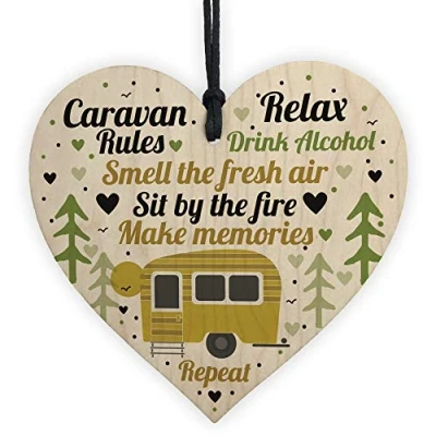 Image of RED OCEAN Caravan Rules Hanging Wooden Heart Plaque Accessories Garden Sign Home Decor Gifts