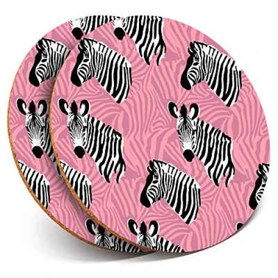 Image of Destination Vinyl ltd 2 x MDF Glossy Top Coasters Round Pink Zebra Print Animal Head 15786