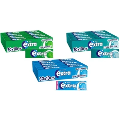 Image of Extra Sugarfree Chewing Gum, Peppermint, Cool Breeze and Spearmint Flavours, Freshens Breath, Helps with Oral Hygiene for Healthy Teeth Gums 30 Packs of 10 pieces Each Flavour (90 Packs)