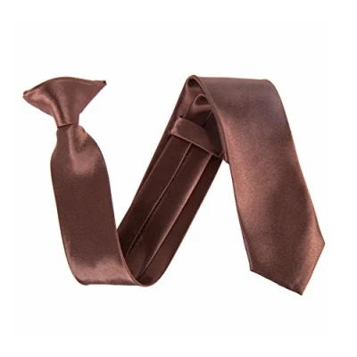 Image of Wide 3&quot; Satin Solid Colour Plain Safety Clip On Tie (Brown)