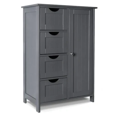 Image of VOUNOT Bathroom Floor Storage Cabinet, Freestanding Unit with Adjustable Shelf, 4 Drawers &amp; Door, for Bedroom, Kitchen, Living Room, Entryway, Grey
