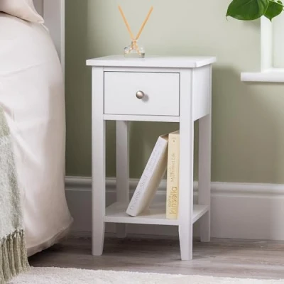 Image of CHRISTOW Slim White Bedside Table With Drawer &amp; Shelf, Modern Narrow Bedroom Nightstand, Wooden MDF Side End Stand for Living Room Hallway Sofa, Brushed Chrome Handle (H57cm x W32cm D32cm)