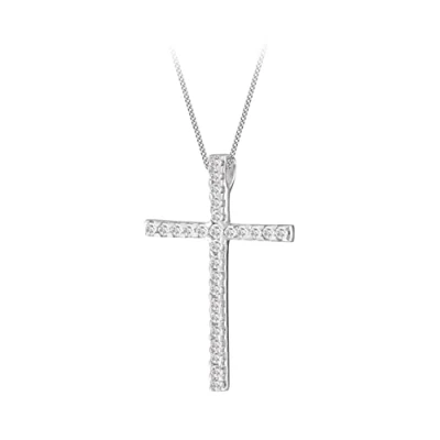 Image of Tuscany Silver Women&#039;s Sterling Large White Cubic Zirconia Set Cross Pendant on Curb Chain of 46cm/18&quot;