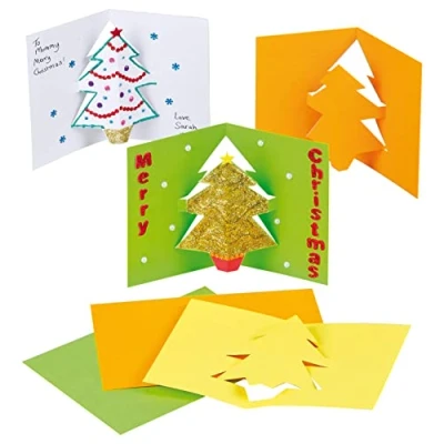 Image of Baker Ross EF464 G793 Christmas Tree Pop Out Cards for Children to Decorate and Embellish (Pack of 8), Assorted