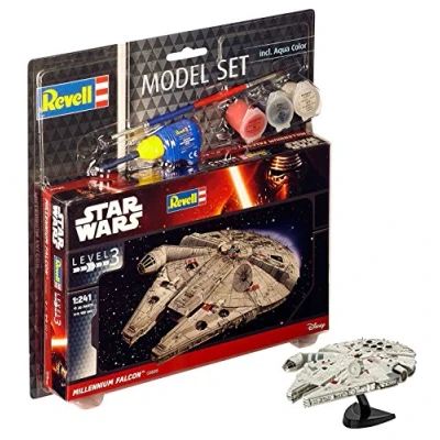 Image of Revell Model Set 63600 Star Wars Millennium Falcon 1:241 Scale Unbuilt/Unpainted Plastic Kit with Contacta Professional Glue, Paintbrush &amp; Selected Aqua Color Paints
