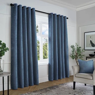 Image of Curtina Navy Blue Woven Curtains W66 x L72 (168 183cm) Eyelet Textured Chenille in Dark Luxury &amp; Drapes for Bedroom/Living Room Weave
