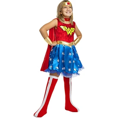 Image of Funidelia Wonder Woman Costumes OFFICIAL for girl Superheroes, DC Comics, Justice League kids, accessory fancy dress &amp; props Halloween, carnival parties Size 7 9 years Red