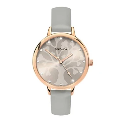 Image of Sekonda Womens 35mm Analogue Classic Quartz Watch with Rose Gold Case Tree Patterned Dial Stone Set Markers and Grey PU Strap