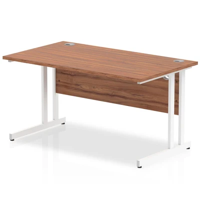 Image of Dynamic MI001906 Melamine Faced Chipboard Rectangular Office Desk, Walnut Finish, Cantilever Leg, White Frame, Impulse, 1400mm Width, 800mm Length, 730mm Height