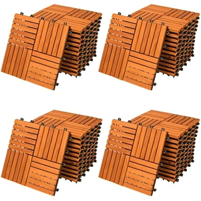 Image of CASARIA® 44x Wooden Quattro Mosaic Decking Tiles 30x30cm Cuttable Interlocking System Drainage Garden Patio Click Lock in Flooring Deck FSC Certified Acacia Wood 44