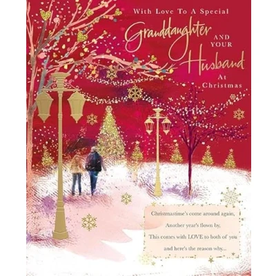 Image of Words &#039;n&#039; Wishes Special Granddaughter and Your Husband Christmas Card Couple Walking in the Snow Embossed with Foil Flitter Details Eco Friendly