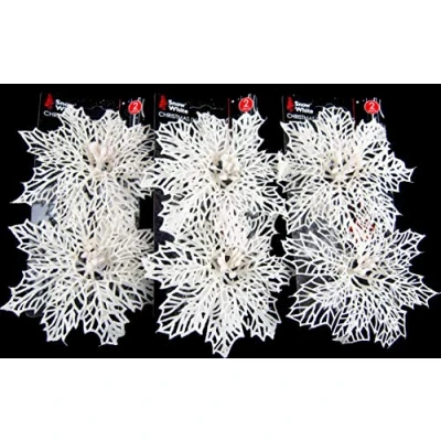 Image of BWG Set Of 6 Large Glitter Poinsettia Clip On Christmas Craft/Tree Decorations WHITE