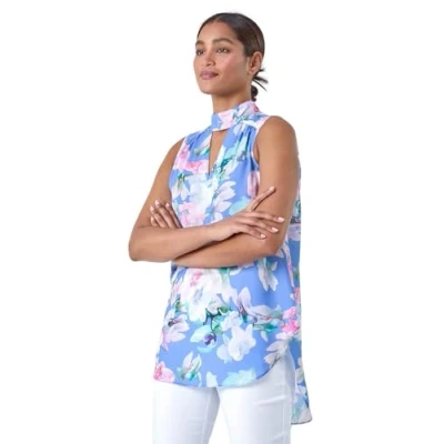 Image of Roman Originals Floral High Neck Keyhole Detail Top for Women UK Ladies Everyday Holiday Spring Summer Sleeveless Comfy Soft Evening Vacation Work Party Light Blue Size 12