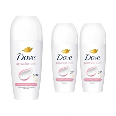 Image of Dove Roll On Powder Antiperspirant up to 48H of Sweat and Odour Protection with Long Lasting Fresh Clean Fragrance Travel Size Deodorant For Women, 50ml Pack 3
