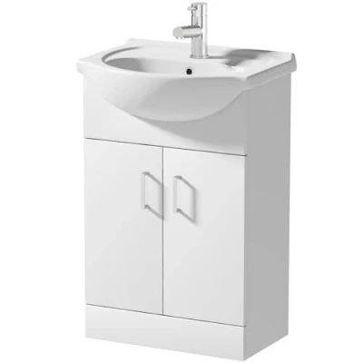 Image of Baystone® 560mm Vanity Unit Basin Sink Bathroom Storage Cabinet Cupboard Freestanding, Single Tap Hole Ceramic Wash Basins, Soft Close Doors, White Gloss
