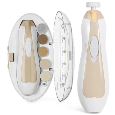 Image of haakaa Baby Nail Trimmer Electric Safe Clippers File Kit, Trim Polish Grooming kit for Newborn Toddler or Adults Toes Fingernails, 6 Grinding Heads and LED Light, Acorn