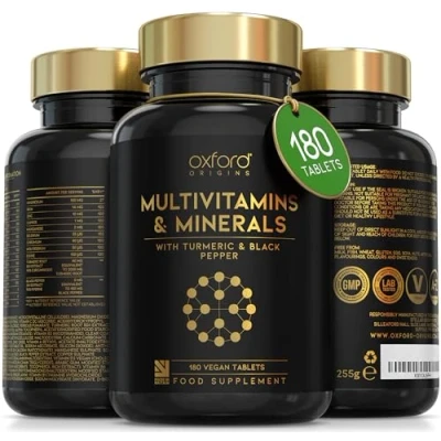 Image of a Z Multivitamins and Minerals boosted with Turmeric 180 Vegan Multivitamin Tablets for Women &amp; Men One day 27 Key Nutrients 100% NRV Iron, Zinc, Vitamins B, C, D UK Made