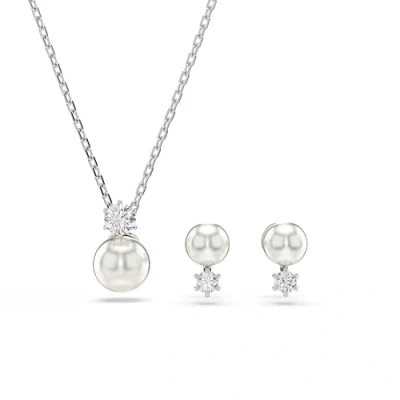 Image of Swarovski Matrix set, Crystal pearl, Round cut, White, Rhodium plated