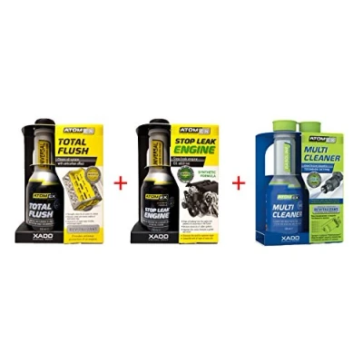 Image of XADO petrol fuel system cleaner and engine oil leak stop; multi total flush stopper, Atomex set of 3