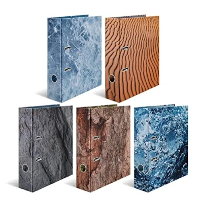 Image of HERMA 19649 Folder A4 Natural Assortment, Pack of 5, 7 cm Wide, Cardboard with Inner Print for School and Office, Sturdy Children&#039;s Ring Binder Set Made Boys Girls