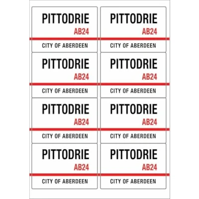 Image of Pittodrie AB24 Aberdeen Road Sign Rectangular Matt Paper Stickers A4 Sheet of 8 (Each Sticker is 99mm x 68mm)