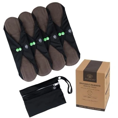 Image of FLOATING LOTUS Reusable Sanitary Pads (4pk Large: Medium to Very Heavy Period Flow) Black Washable Bamboo Menstrual Towels, inc Waterproof Bag