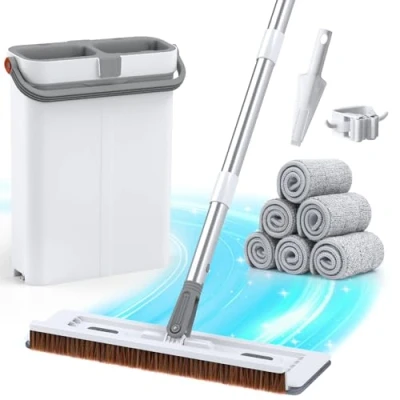 Image of Euqvunn Flat Mop and Bucket Set, Wet Dry Use for Cleaning Floors with 6 Reusable Microfibre Pads, Wash &amp; Squeeze Bucket, Scraper, Holder 40 x 12 135 cm