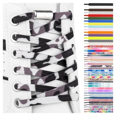 Image of SULPO Elastic rubber laces without ties, flat, with screw closure, Black and white camouflage, One Size