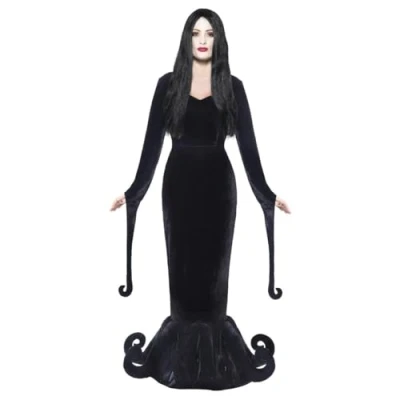 Image of Smiffys Duchess of the Manor Costume, Black with Full Length Dress &amp; Hem Detail, Halloween Adult Fancy Dress, Vampire Up Costumes