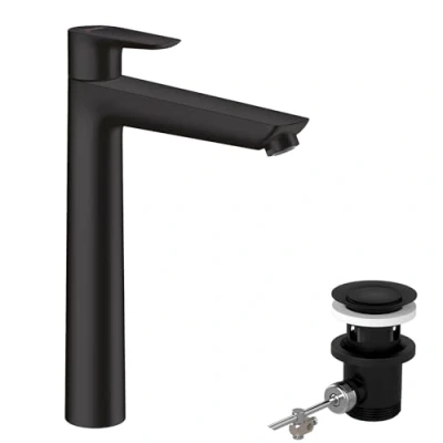 Image of hansgrohe Talis E bathroom tap with pop up waste set, sink spout height 234 mm, basin mixer water saving (EcoSmart), matt black, 71716670