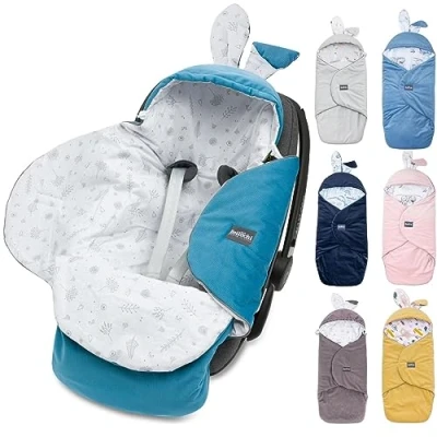 Image of Bellochi Universal Baby Car Seat Blanket for Swaddle with a Hood Made of Soft Cotton and Velvet Oeko TEX Certificate Fitts Maxi COSI Romer Cybex Ocean Blue